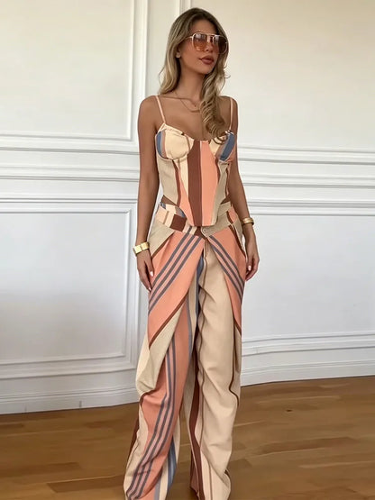Fashion Women's Pants Set Halter Slim Corset Straight Bottom Female Print Sets 2026 Summer Vacation Beach Chic Sexy Lady Suit