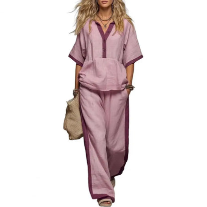 Women Cotton Linen Set, Summer V-Neck Loose Fit & Elastic Waist Palazzo Pants 2-Piece Outfit, Casual Top and Wide Leg Trousers