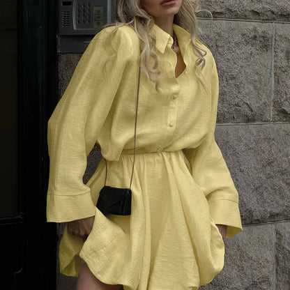 2026 Spring Summer New Casual Fashion For Women With Turn-Down Collar Long Sleeve Cardigan Top And High Waist Puff Skirt
