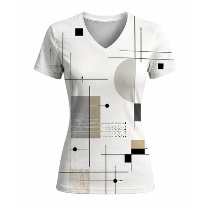 Women's Geometric Abstract Print V-Neck T Shirt Daily Casual Commuting Short Sleeve Tops Summer Street Vintage Slim Fit Tees