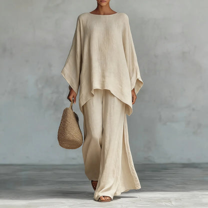 Women's Elegant Loose Round Neck Top Wide Leg Pants Set Casual Simple Long Sleeve Solid Color Two-Piece Set