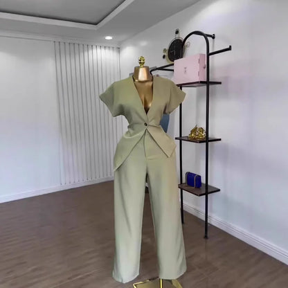 Women Pant Set Two Piece Sets V Neck Short Sleeve Tops Wide Leg Long Pants High Waist Y2k Streetwear Elegant Summer 2026