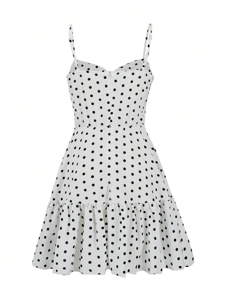 2026 Summer New Women's Polka Dot Mini Dress, Sexy Spaghetti Strap Ruffle Hem Cami Dress, Vacation Beach Party Dress