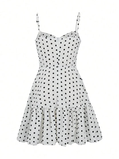 2026 Summer New Women's Polka Dot Mini Dress, Sexy Spaghetti Strap Ruffle Hem Cami Dress, Vacation Beach Party Dress