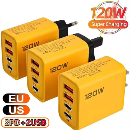 Total 120W USB Type C Charger 4 Port Fast Charging USB Phone Charger Adapter For iPhone Samsung Xiaomi Quick Charge Wall Charger