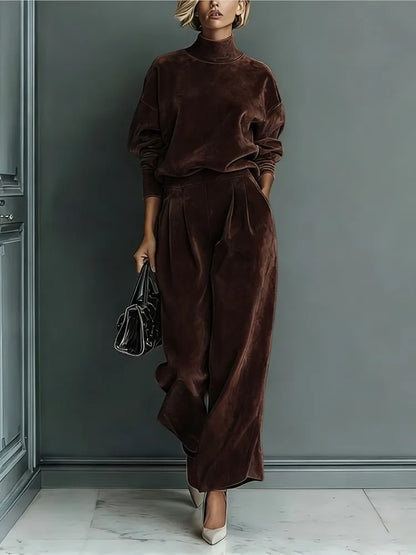 Autumn Winter Fashion High Collar Gold Velvet Long Sleeve Women's Suit Casual Sports Wide Leg Trousers Female Office 2 Piece Set