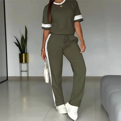 Spring Summer New Casual Sports T-shirt Short-sleeved Suit Women Fashion Splicing Side Stripes Simple Trousers 2 Piece Set 2026