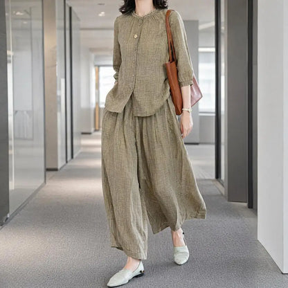 2026 Plus Size Casual Suit Women 2 Piece Cotton Linen Sets, Button Down Short Sleeve Top And Wide Leg Pants Casual Loose Lounge
