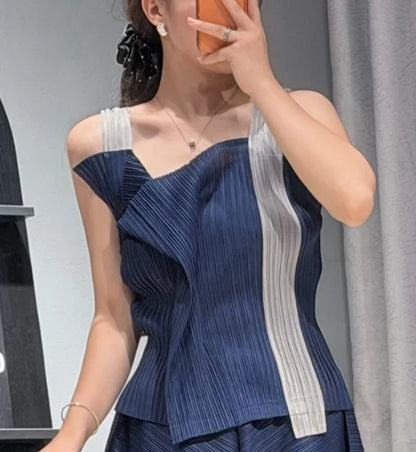 Miyake Pleated T-Shirt New Sleeveless Color-Block Camisole Women's Lightweight Draped Top with Matching Shorts and Capri Pants