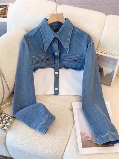 Blue Patchwork Pants Sets Women Fashion Long Sleeve Single-breasted Short Jacket Straight Trousers Two Piece Set Female New
