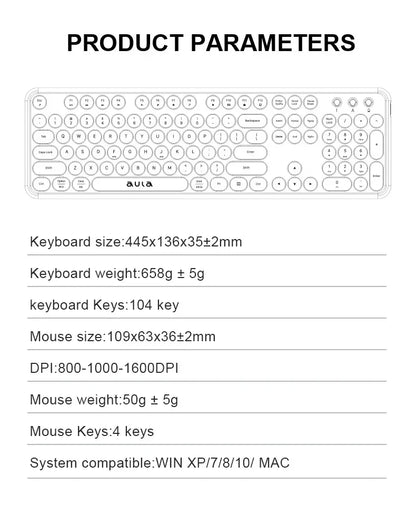 AULA Wireless Keyboard Mouse Combo 104 Keys Retro Round Keycaps Silent Typing 2.4G Ergonomic Office Gaming Set for PC Laptop