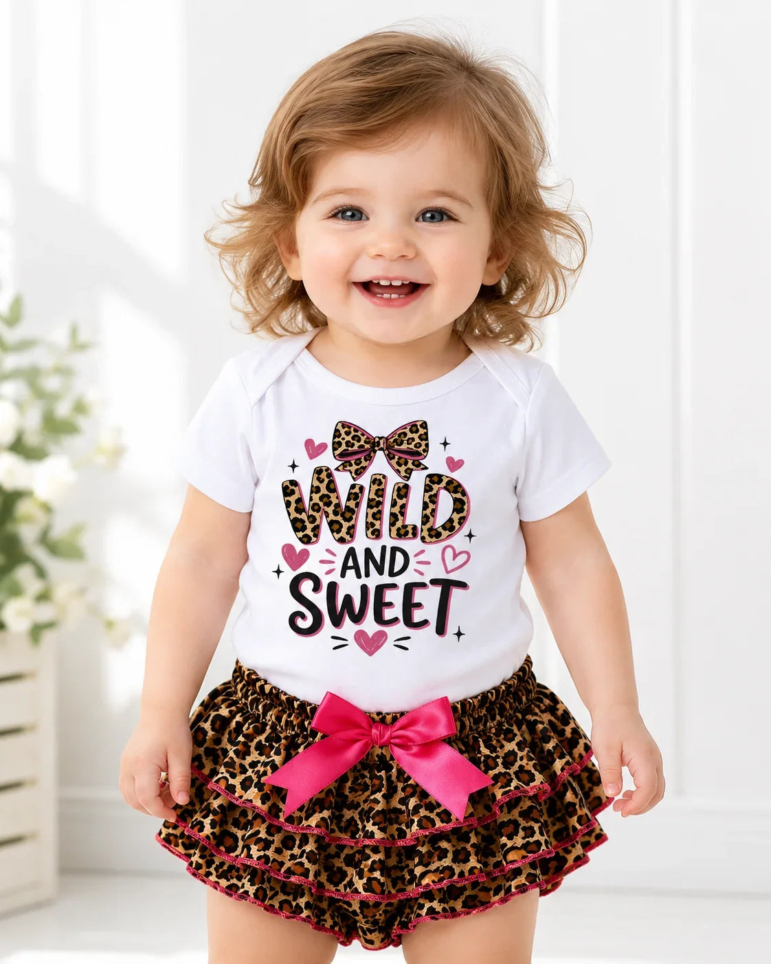 Baby Girl 2Pcs Outfit Wild And Sweet Leopard Print Short Sleeve Bodysuit Ruffle Leopard Skirt Shorts Set Newborn Summer Clothes