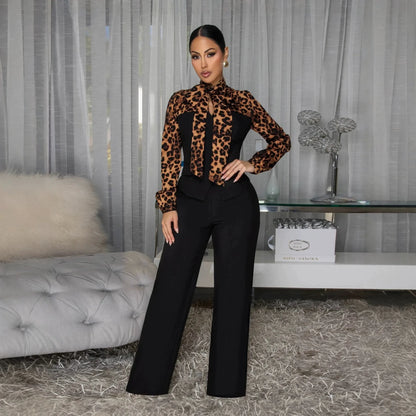 2 Pcs Women Chic Pants Suit Casual Leopard Patchwork Slim Top