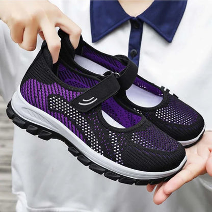 Summer Ladies Breathable Mesh Sport Shoes Lightweight Velcro Slip On Thick Sole Non Slip Elderly Women Walking Casual Sneakers