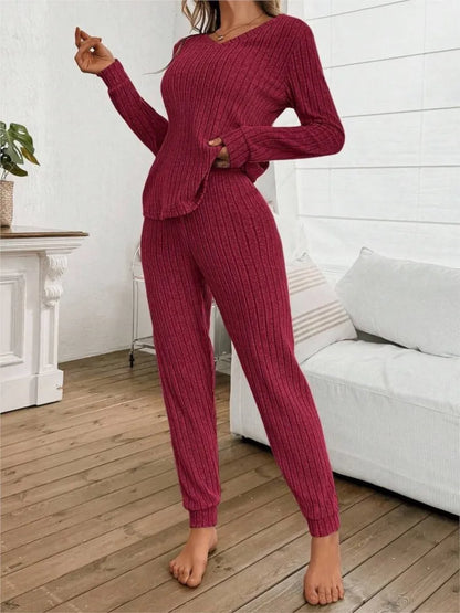 Casual V-neck Knitted Pit Strip T-shirt Long-sleeved Womes Suit Autumn Winter New Slim Fit Trousers Female Home Wear 2-piece Set