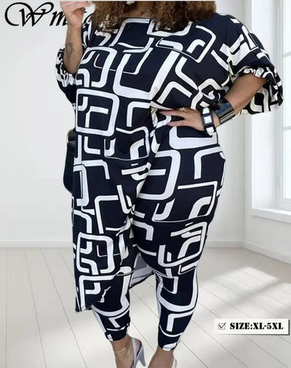 Wmstar Women Two Piece Set Plus Size  Fall Clothes Casual Long Sleeve Shirt Suit Wide Leg Pants Outfits Wholesale Dropshipping