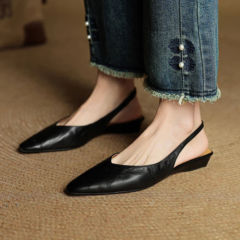 2025 New Summer Women Mules Genuine Leather Women Shoes Pointed Toe Low Heel Cover Toe Modern Women Sandals Ladies Shoes