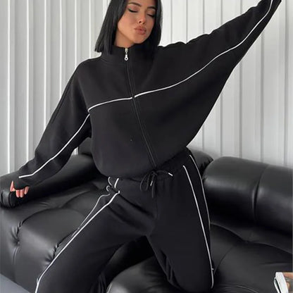 2026 New Cross-Border European American Amazon Casual Set: Long-Sleeve Semi-High-Neck Cardigan Sweatshirt With Tie And Striped