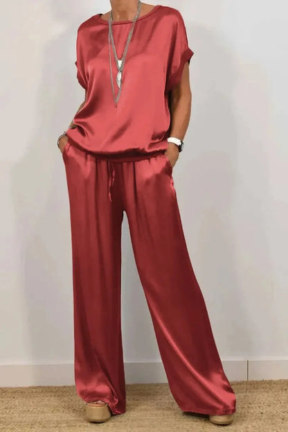 Women's Satin Pants 2 Piece Set Summer Breathe Loose Short Sleeve Top Wide Leg Pants Casual Outfit Office Lady Elagant Set