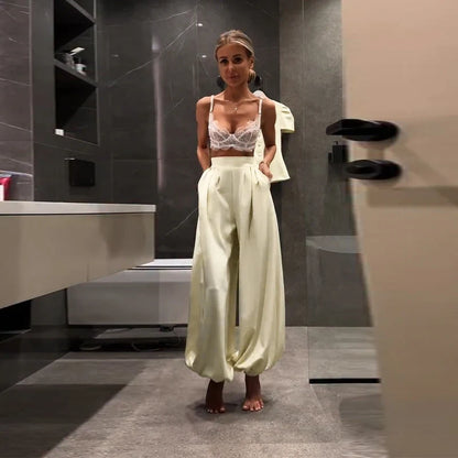Casual Women's Waist Cinched Blazer Pants Set O-neck Puff Sleeve Shirts Loose Lantern Pant 2026 Summer Lady Chic Commute Suit