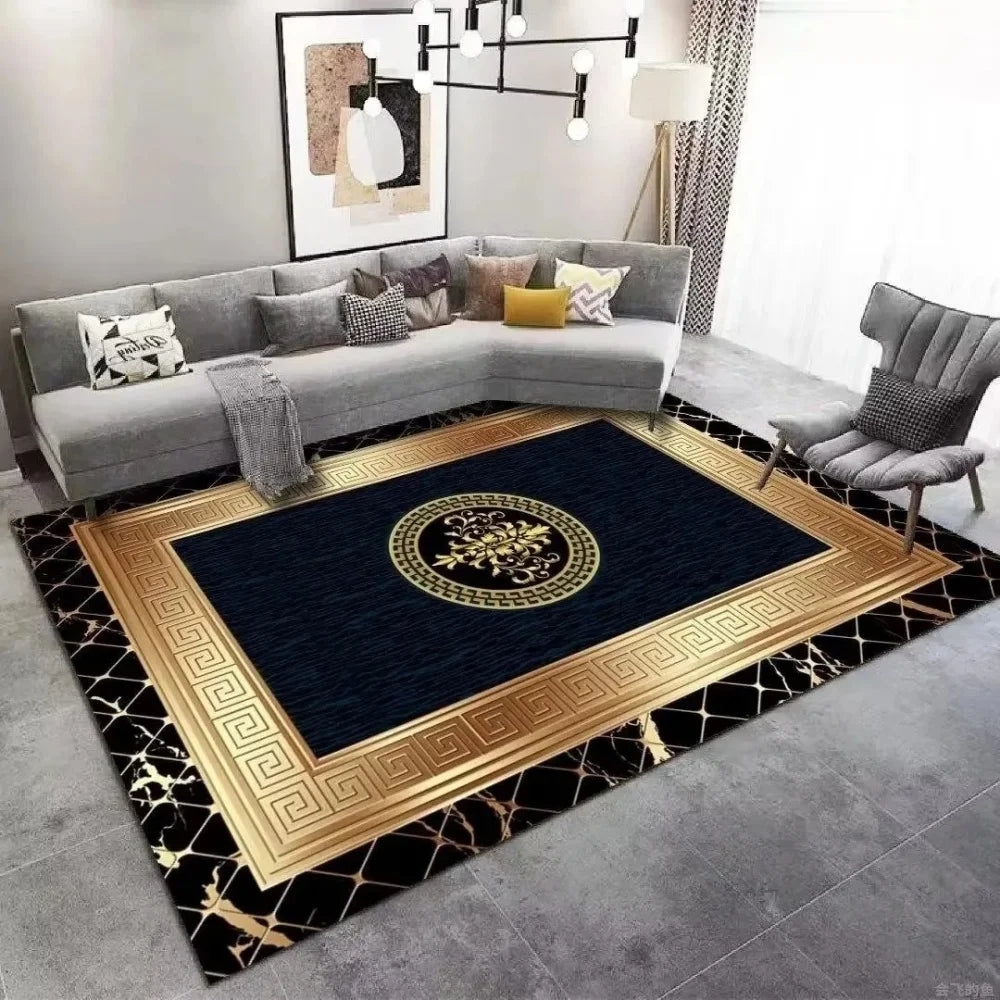 Luxury Golden Black Area Rug Modern Minimalist Home Decor Non Slip Mat for Living Room Bedroom Elegant Classic Design Perfect