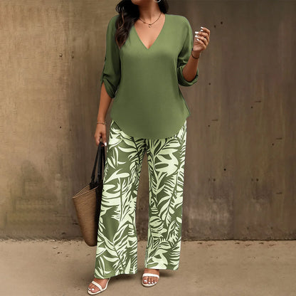 Women Solid V Neck Long Sleeve Digital Print Pants Two Piece Set Casual Stylish Matching Outfit for Daily Outdoor Lounge Wear