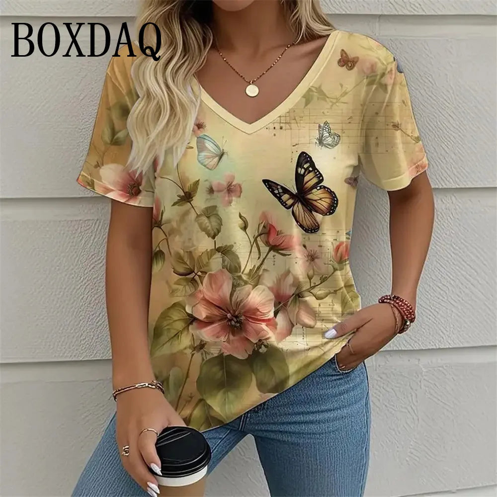 Plant Flowers 3D Print T Shirt For Women 2025 Summer Retro Short Sleeve Shirts Casual Tie Dye Butterfly Loose Plus Size Tops 8XL