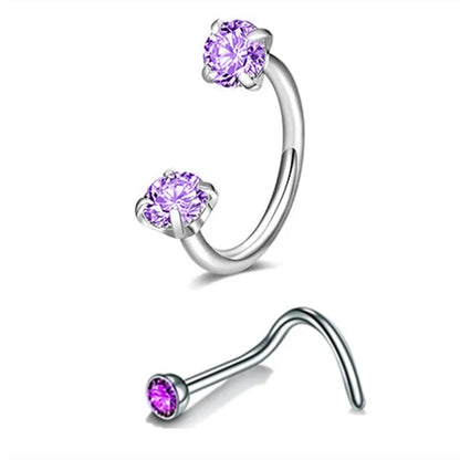 6/2pcs Horseshoe Nose Rings With L-Shape Nose Stud, Stainless Steel Rianbow CZ Nose Ring,, Lip Eyebrow Helix Ear Piercing