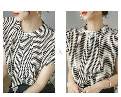 Striped Chiffon Shirt  Women Short-sleeved Fashionable Loose French Chic Feminine Belly Covering Top