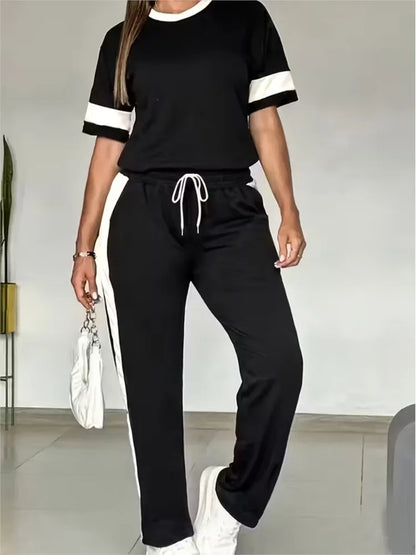 Spring Summer New Casual Sports T-shirt Short-sleeved Suit Women Fashion Splicing Side Stripes Simple Trousers 2 Piece Set 2026