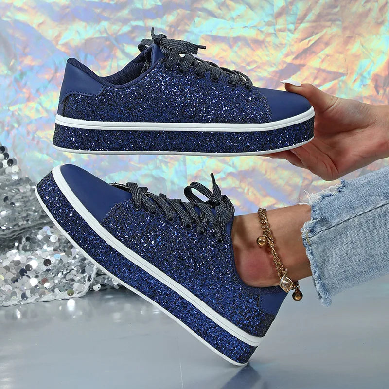 Women Glitter Sequin Leather Pink Sports Shoes Thick Soled Casual Shoes 2025 Ladies Spring Comfortable Lace-up Flat Sneakers