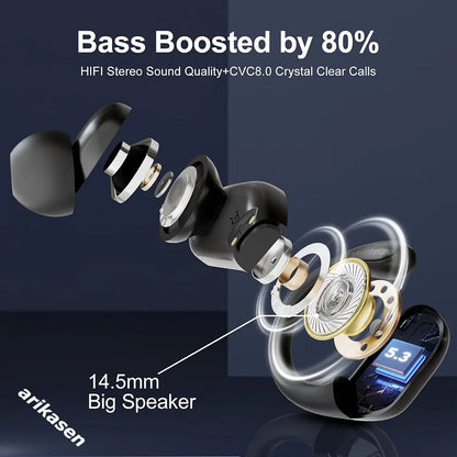 Bluetooth 5.3 Headphones True Wireless Earbuds Bass Stereo Sound with LED Power Display Case 60H Playback Earphones With Mic ENC