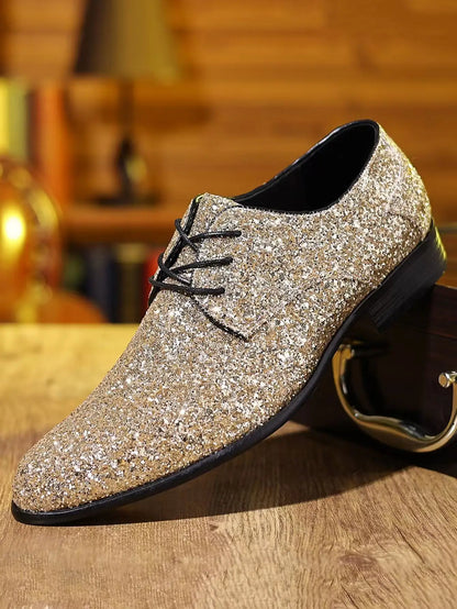 Luxury Men Dress Shoes Gold Silver Sequin Wedding Shoes High Quality Lace-Up Oxford Shoes Fashion Designer Men Flats Large Size