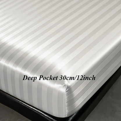 Luxury Satin Striped with Elastic Band Fitted Sheet Silky Soft Deep Pocket Bed Cover Standard Size Twin Full Queen King Bedding
