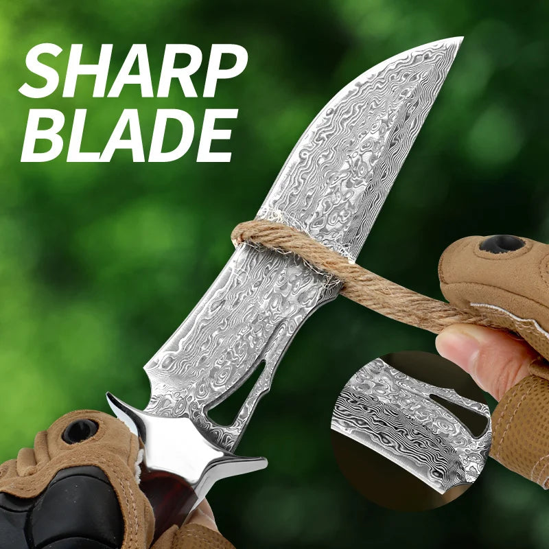 A Large Damascus Handmade Forged Knife - Fixed Blade, Wooden Handle and Leather Sheath, Convenient to Carry, Quick Cutting