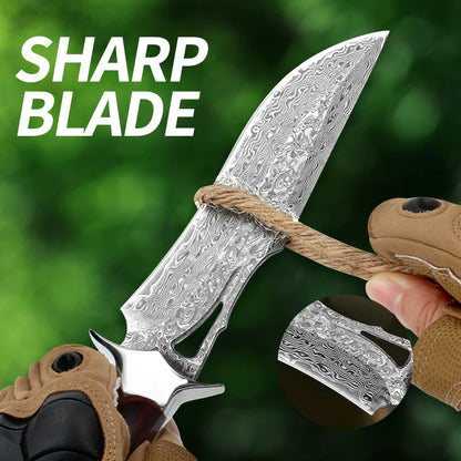 A Large Damascus Handmade Forged Knife - Fixed Blade, Wooden Handle and Leather Sheath, Convenient to Carry, Quick Cutting