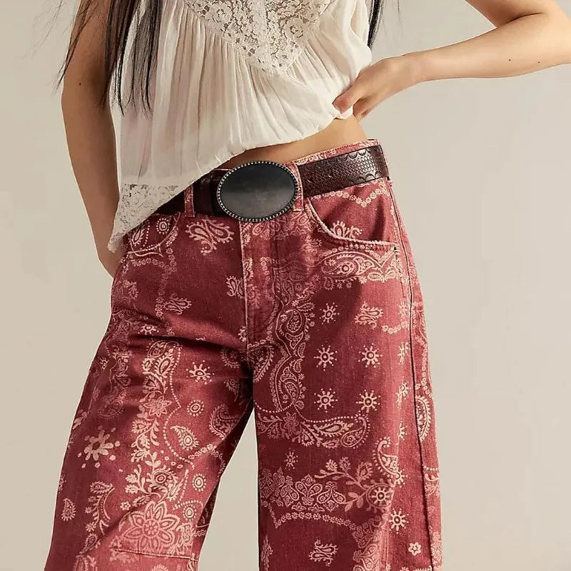 New Spring and Autumn Women's Loose Denim Flower Print Denim Pants Wide-leg Pants
