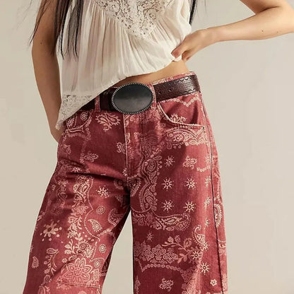 New Spring and Autumn Women's Loose Denim Flower Print Denim Pants Wide-leg Pants