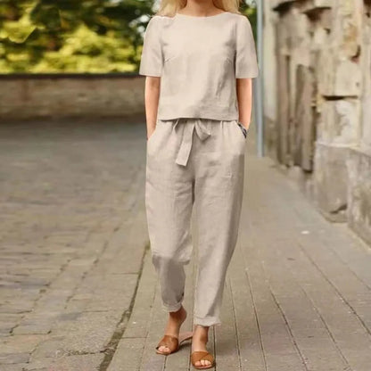 Half-sleeved Women's Cotton Linen Suit Elastic Waist Wide-leg Two-piece Set Round Neck Comfortable Summer Matching Suit