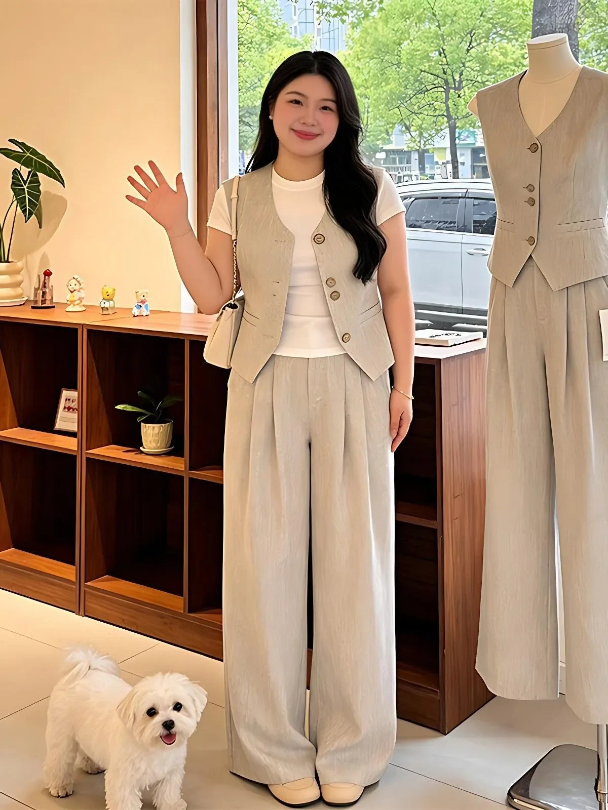 plus Size Casual Style Three Piece Set Women's Summer New White T-Shirt Sleeveless Tank Top Wide Leg Pants Ensemble