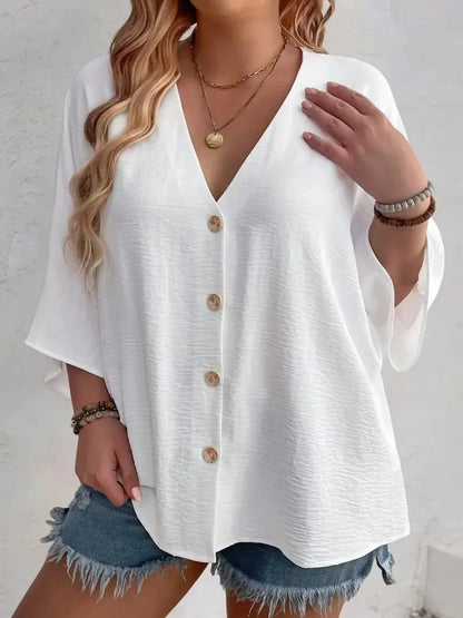 Plus-size Women's T-shirt Solid Color Breathable Spring/summer V-neck Button Travel Casual Wear with European and American Style