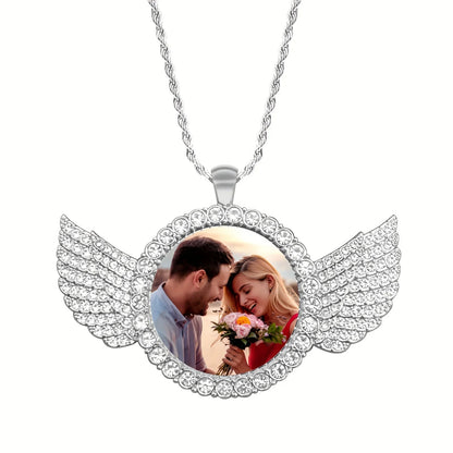 Custom Angel Wing Round Photo Necklace -Personalized Unforgettable memories Picture Pendant Jewelry Perfect for Anniversary Gift