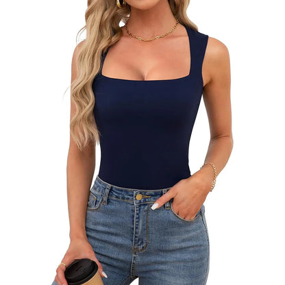 Sexy Slimming T-Shirts for Women Fashion Square Neck Sleeveless Tops Harajuku Tanks Woman Clothes Casual Top Tees Streetwear