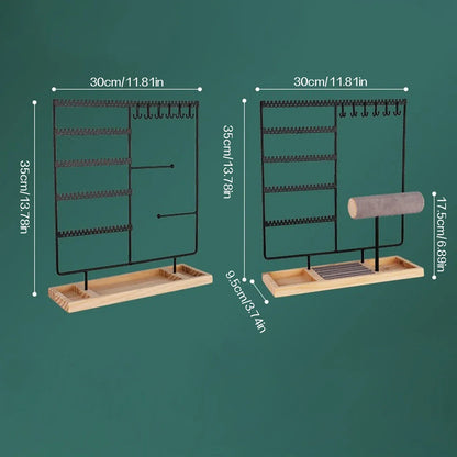 Metal Jewelry Organizer Stand with Wooden Tray - Multi-Functional Storage for Earrings, Necklaces, Bracelets & Rings