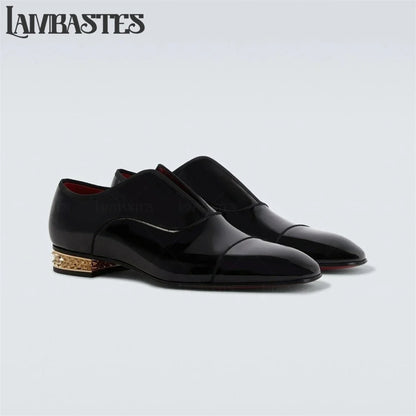 Gold Geometric Heel Patent Leather Mens Loafers Polished Glossy Upper Red Lining Formal Dress Shoes Embossed Gold Heel Loafers