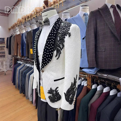 Luxury Paisley Men's Beading Suit Set, 3-piece Formal Suit Set Jacket Vest Pants Black White Rhinestones Tuxedo Set
