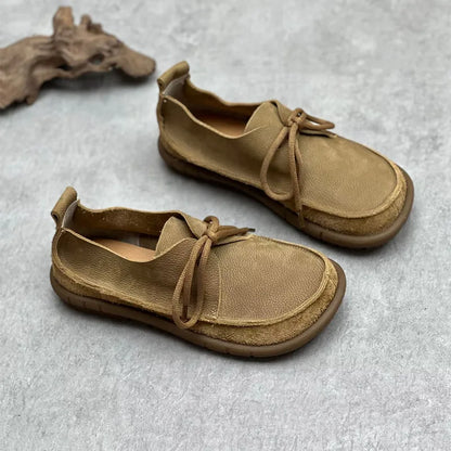 Johnature Handmade Genuine Leather Flats 2026 New Women Shoes Round Toe Shallow Soft Sole Loafers Retro Solid Color Shoes