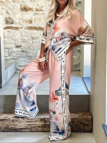 2 Pieces Set for Woman Summer New Elegant Printed Half Sleeves Shirt Tops Suits Fashionable Casual Loose Wide Leg Pants Sets