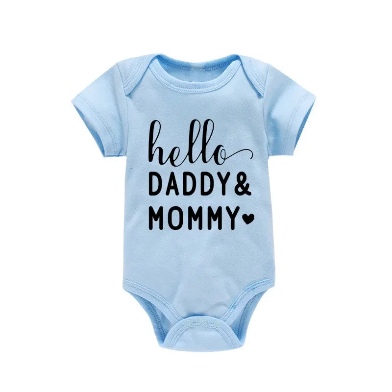 Hello Daddy Mommy Newborn Baby Bodysuit Pure Cotton Short Sleeve Summer Jumpsuit Cute Baby Onesie