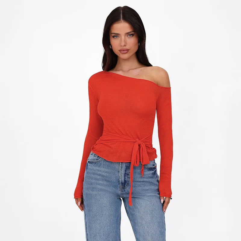 One Shoulder T Shirts For Women Aesthetic Clothes Sashes Crop Top Y2k Accessories Long Sleeve Lady Tshirt Ropa Mujer Camisetas